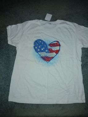 White T-Shirt with American Flag Heart Graphic